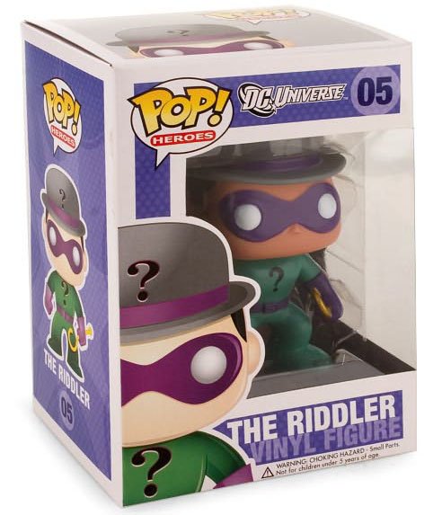 POP! Heroes - The Riddler figure by Dc Comics, produced by Funko. Packaging.