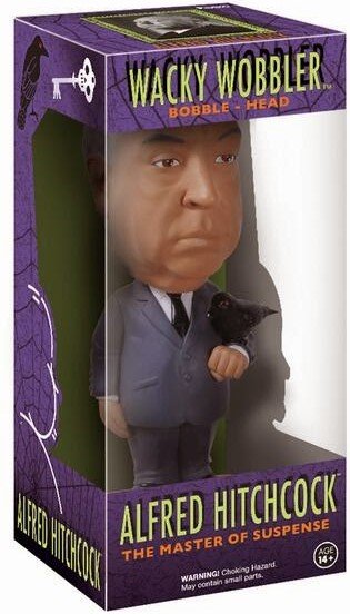Alfred Hitchcock Wacky Wobbler figure by Funko, produced by Funko. Packaging.