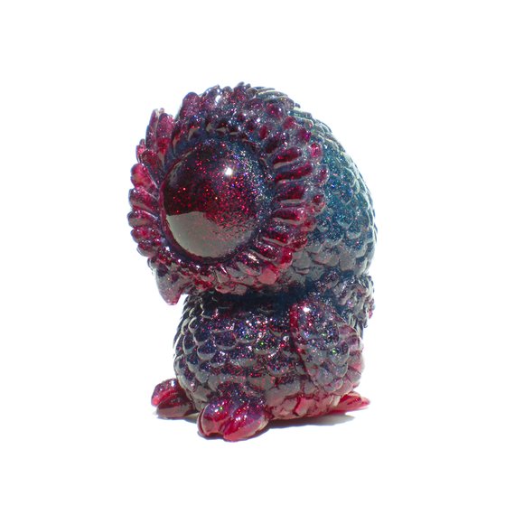 Baby Owl - Blue / Red Glitter figure by Kathleen Voigt. Side view.