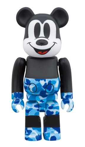 BAPE MICKEY MOUSE - BLUE BE@RBRICK 100% figure, produced by Medicom Toy. Front view.
