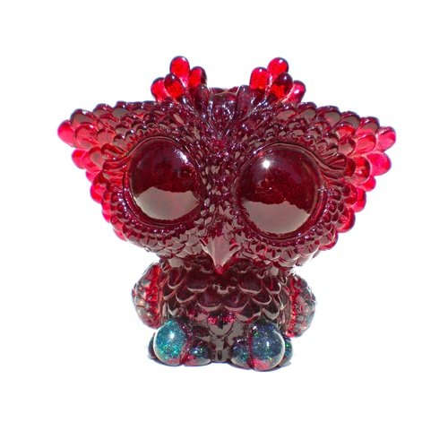 Biggy Owl - Teal / Red Glitter figure by Kathleen Voigt. Front view.