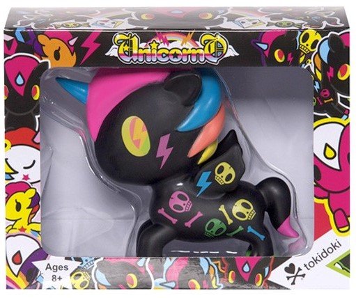 Black Neon Unicorno figure by Simone Legno (Tokidoki), produced by Tokidoki. Packaging.