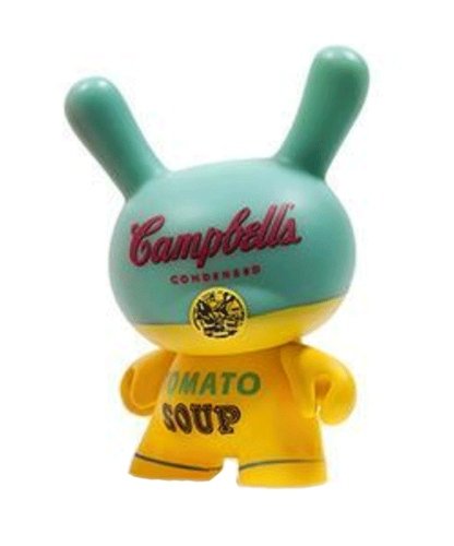 Campbells Soup Can figure by Andy Warhol, produced by Kidrobot. Front view.