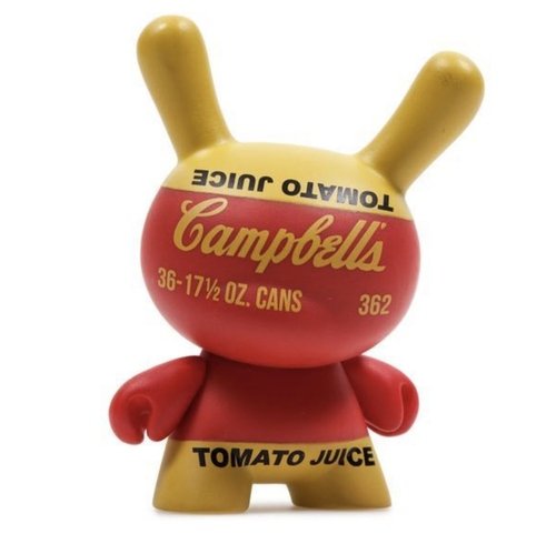 Campbells Tomato Juice Box figure by Andy Warhol, produced by Kidrobot. Front view.