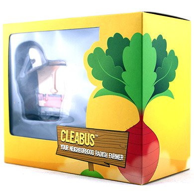 Cleabus the Radish Farmer figure by Christopher Lee, produced by Wheatywheat. Packaging.