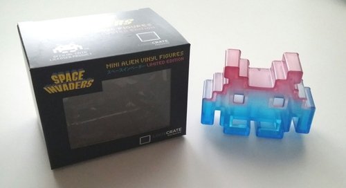 Clear Pink Blue Ombré Space Invader, Loot Crate Exclusive figure, produced by A Crowded Coop, Llc. Front view.