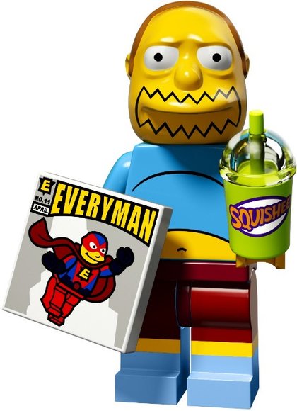 Comic Book Guy figure by Matt Groening, produced by Lego. Front view.