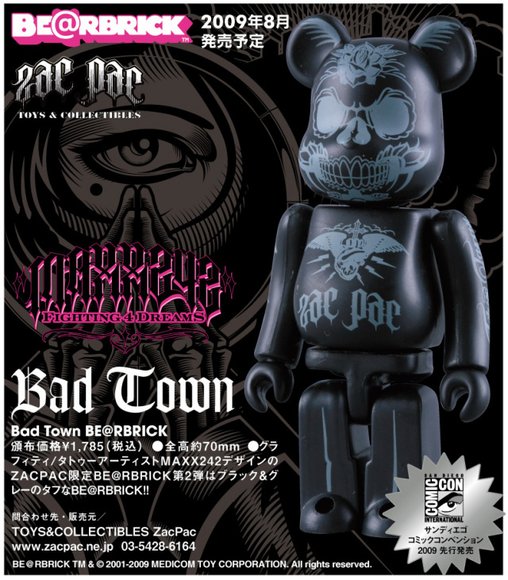 Bad Town Be@rbrick 100% - SDCC 09 figure by Maxx242, produced by Medicom Toy. Detail view.