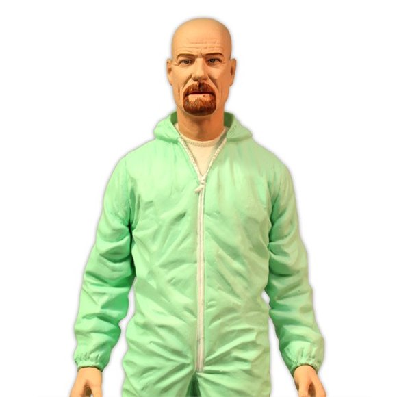 Deluxe Breaking Bad Walter White In Green Hazmat Suit figure, produced by Mezco Toyz. Detail view.