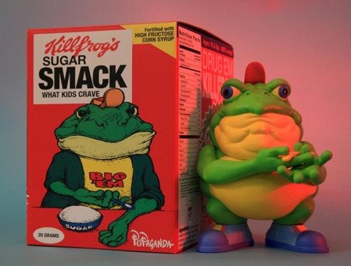 Drug Em KillFrog - The Sugar Smack BullFrog figure by Ron English, produced by Popaganda. Packaging.
