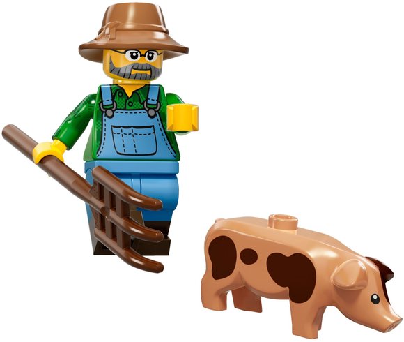 Farmer figure by Lego, produced by Lego. Front view.