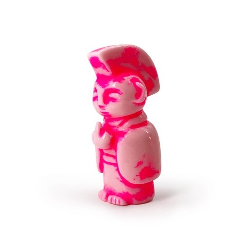 FLUORESCENT RUB SOFT PINK MINI JIZO-ANARCHO figure by Toby Dutkiewicz, produced by Devils Head Productions. Front view.