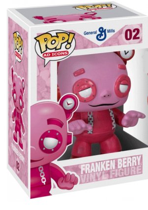Franken Berry figure, produced by Funko. Packaging.