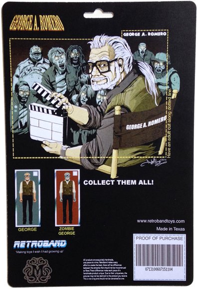 George A. Romero figure by Aaron Moreno, produced by Retroband. Back view.