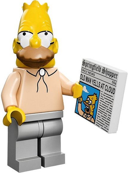 Grampa Simpson figure by Matt Groening, produced by Lego. Front view.