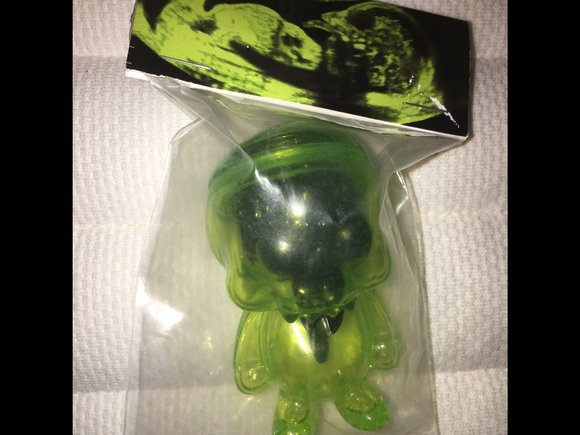 Green and Black Young Gohst figure by Ferg X Grody Shogun, produced by Lulubell Toys. Packaging.