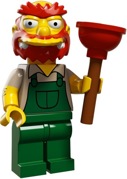 Groundskeeper Willie figure by Matt Groening, produced by Lego. Front view.