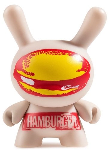 Hamburger figure by Andy Warhol, produced by Kidrobot. Front view.