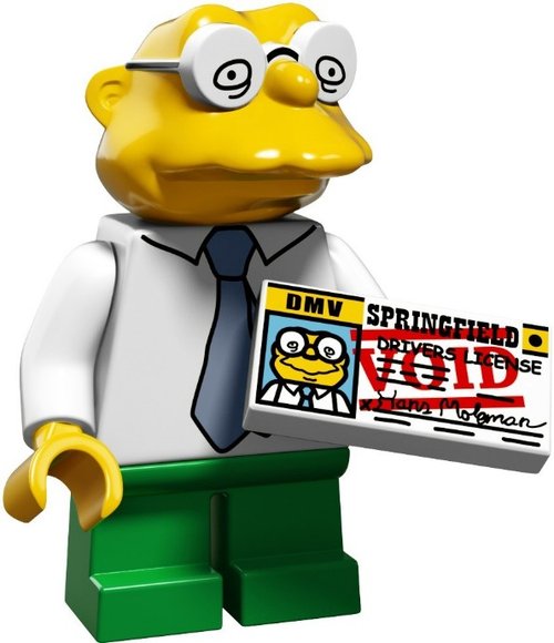 Hans Moleman figure by Matt Groening, produced by Lego. Front view.