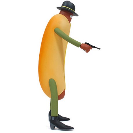 Helmut, the Hot Dog Man figure by Will Sweeney, produced by Amos Toys. Side view.