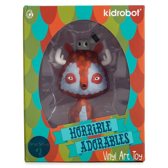 Horrible Adorable: Spruce Spricket figure by Jordan Elise, produced by Kidrobot. Packaging.