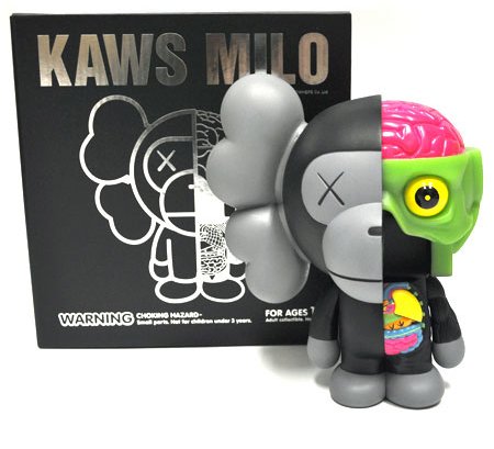 Dissected Milo - Black figure by Kaws X Bape, produced by Medicom Toy. Packaging.