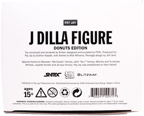 J Dilla figure Donuts Edition figure by Sintex, produced by Blitzway. Packaging.