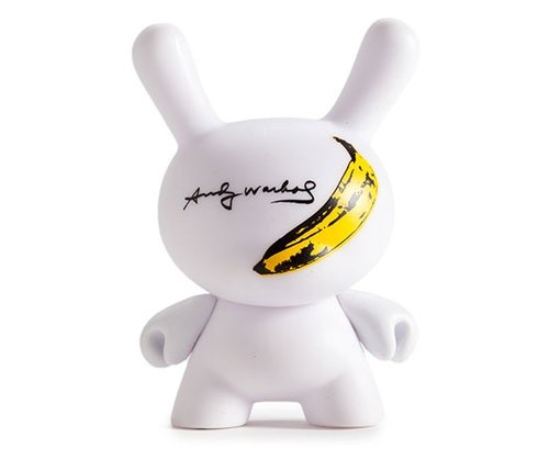 Kidrobot x Andy Warhol Banana figure by Andy Warhol, produced by Kidrobot. Front view.