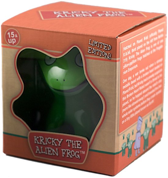 Kricky The Alien Frog figure by Craig Anthony Perkins, produced by Threezero. Packaging.