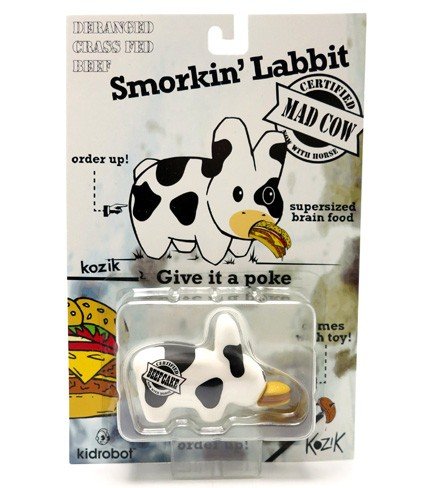 Mad Cow Smorkin Labbit Mini figure figure by Frank Kozik, produced by Kidrobot. Packaging.