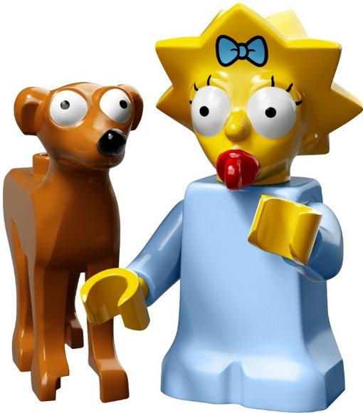 Maggie Simpson with Santas Little Helper figure by Matt Groening, produced by Lego. Front view.