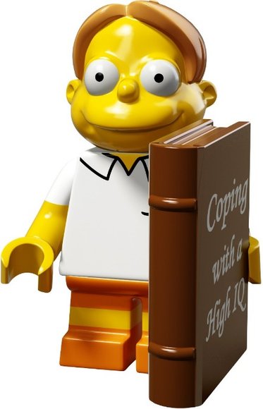 Martin Prince figure by Matt Groening, produced by Lego. Front view.