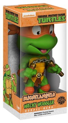 Michelangelo figure by Nickelodeon, produced by Funko. Packaging.