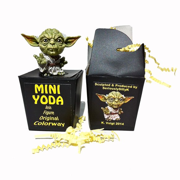 Mini Yoda figure by Kathleen Voigt. Packaging.