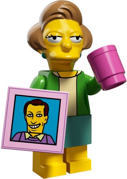 Mrs. Krabappel figure by Matt Groening, produced by Lego. Front view.
