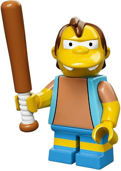 Nelson Muntz figure by Matt Groening, produced by Lego. Front view.