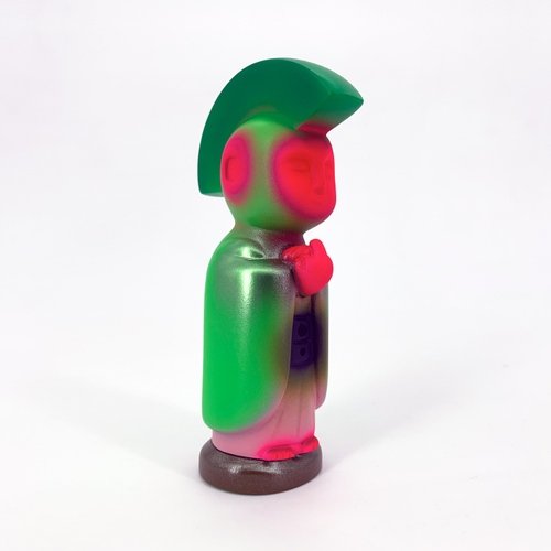 NEON WATERMELON JIZO-ANARCHO figure by Toby Dutkiewicz, produced by DevilS Head Productions. Front view.