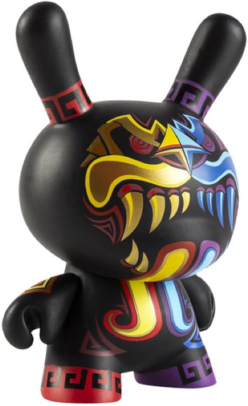 Omecoatl 5 Dunny figure by Jesse Hernandez, produced by Kidrobot. Front view.