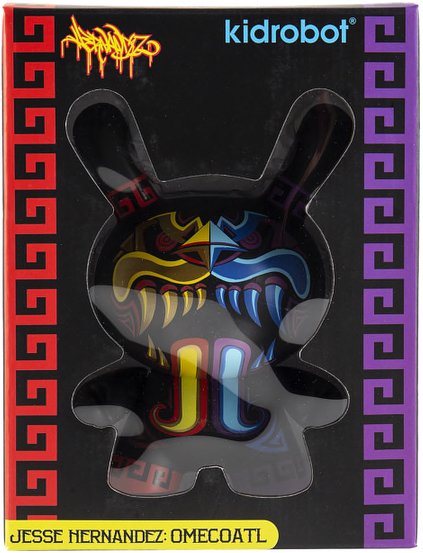 Omecoatl 5 Dunny figure by Jesse Hernandez, produced by Kidrobot. Packaging.