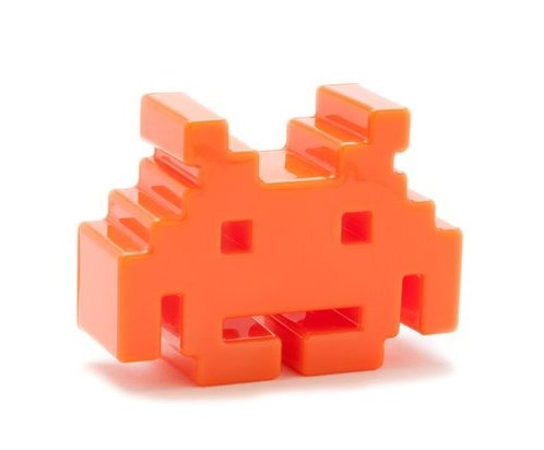 Orange Space Invader figure, produced by A Crowded Coop, Llc. Front view.