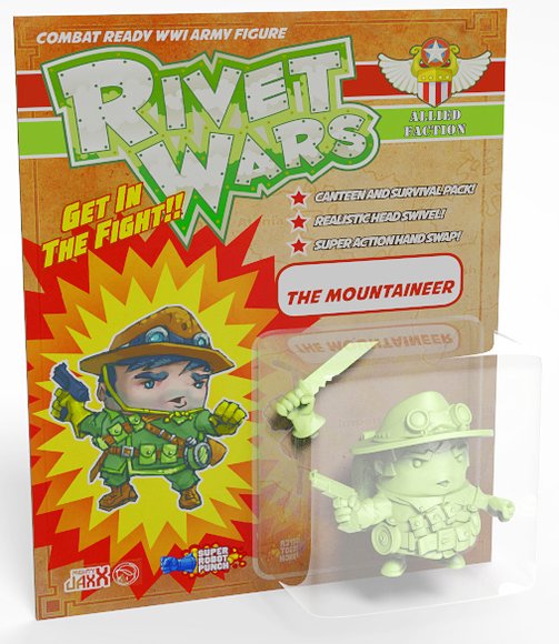 Rivet Wars - The Mountaineer figure by Rivet Wars, produced by Mighty Jaxx. Packaging.
