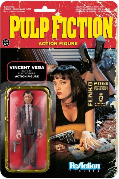 Pulp Fiction Action Figure - Vincent Vega ( Blood Splattered) - SDCC 2014 figure by Super7, produced by Funko. Packaging.
