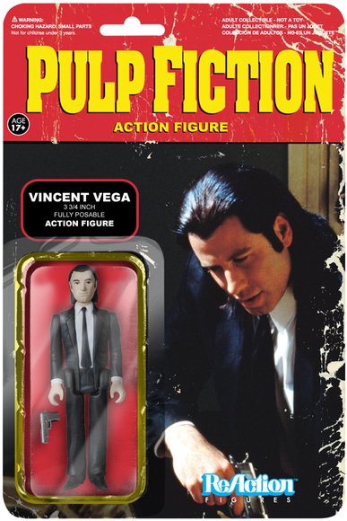 Pulp Fiction Action Figure - Vincent Vega figure by Super7, produced by Funko. Packaging.