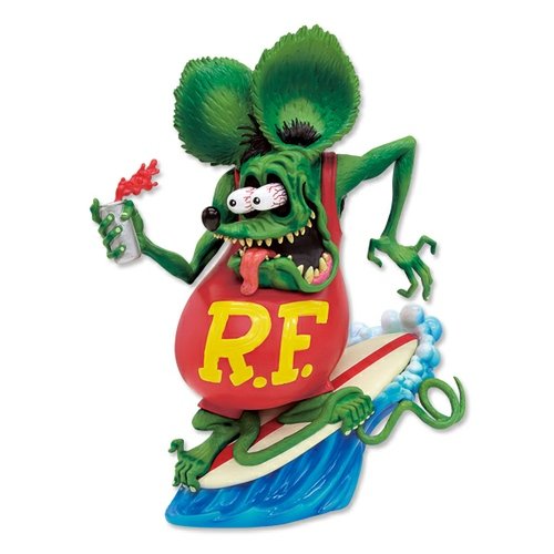 Rat Fink Surfs Up figure by Ed Roth, produced by Mooneyes. Front view.
