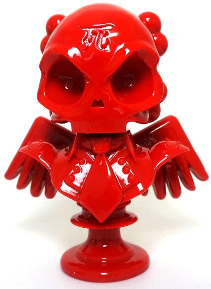 Shiny Red Skullhead Bust figure by Huck Gee. Front view.