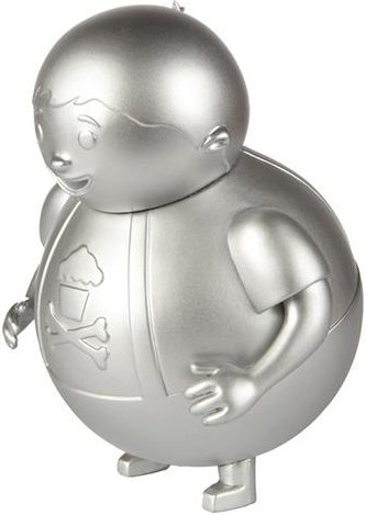 Silver Big Kid figure by Johnny Cupcakes, produced by Johnny Cupcakes. Front view.