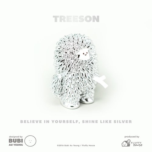 Silver Treeson figure by Bubi Au Yeung, produced by Fluffy House. Front view.