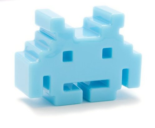 Solid Blue Space Invader figure, produced by A Crowded Coop, Llc. Front view.