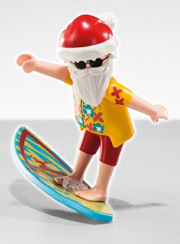 Surfing Santa figure by Playmobil, produced by Playmobil. Front view.