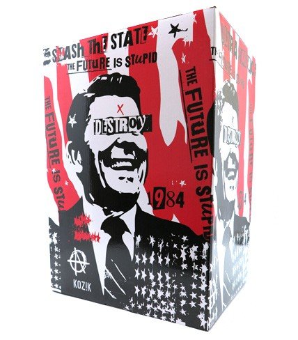 Gipper Reagan Bust figure by Frank Kozik, produced by Ultraviolence. Packaging.